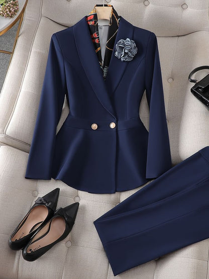 Double-Breasted Blazer, High-Rise Pencil Skirt, and Suit Trousers Set