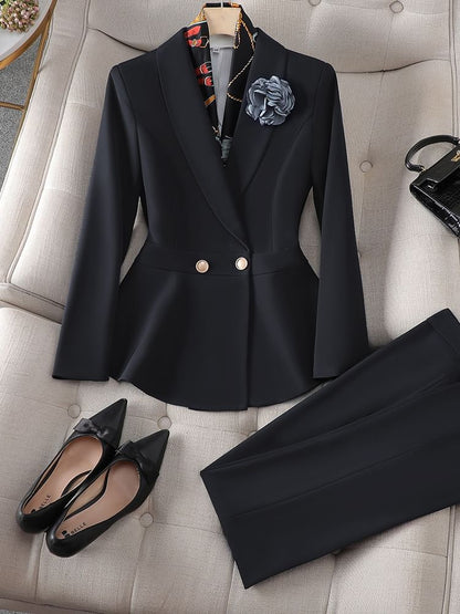 Double-Breasted Blazer, High-Rise Pencil Skirt, and Suit Trousers Set