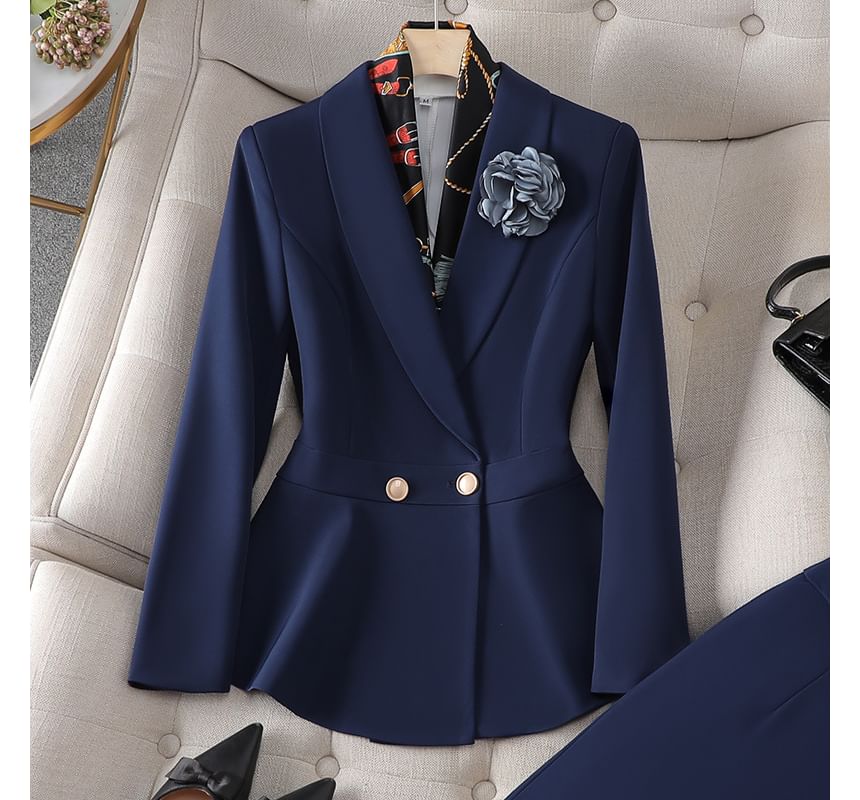 Double-Breasted Blazer, High-Rise Pencil Skirt, and Suit Trousers Set
