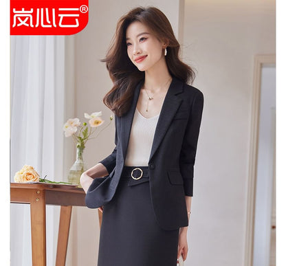 Single-Button Blazer with High-Rise Midi Pencil Skirt Set