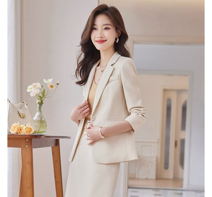 Single-Button Blazer with High-Rise Midi Pencil Skirt Set