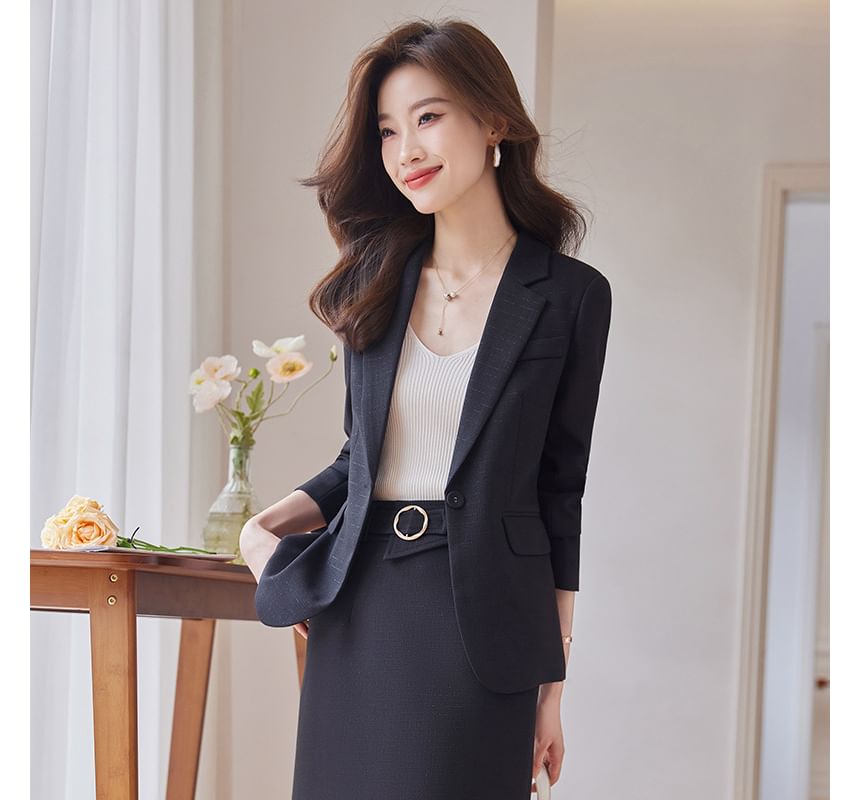 Single-Button Blazer with High-Rise Midi Pencil Skirt Set