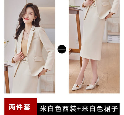 Single-Button Blazer with High-Rise Midi Pencil Skirt Set