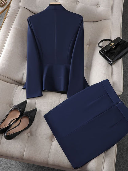 Elegant Peplum Blazer with High-Waist Pencil Skirt and Dress Pants Set