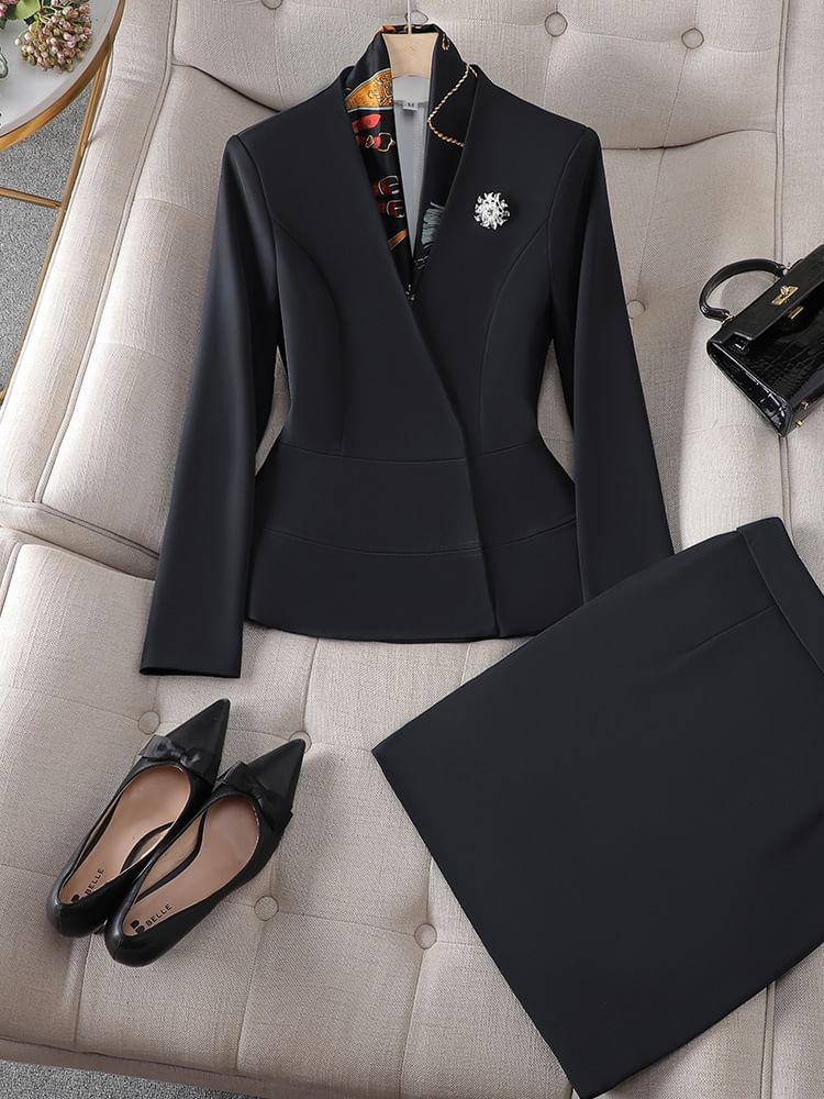 Elegant Peplum Blazer with High-Waist Pencil Skirt and Dress Pants Set