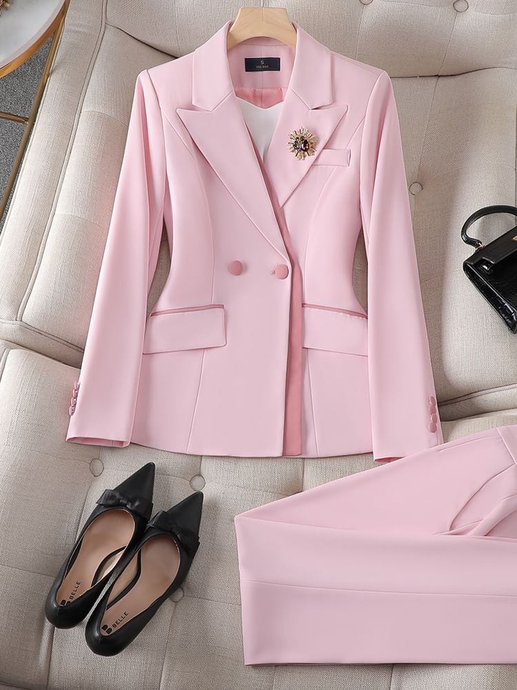 Peak Lapel Double-Breasted Blazer, High-Rise Pencil Skirt, and Slacks Set