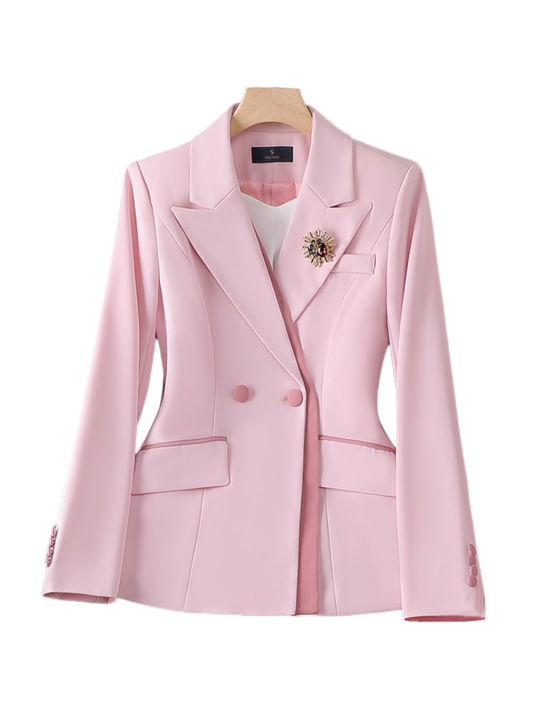 Peak Lapel Double-Breasted Blazer, High-Rise Pencil Skirt, and Slacks Set