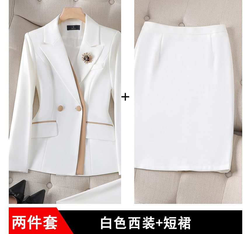 Peak Lapel Double-Breasted Blazer, High-Rise Pencil Skirt, and Slacks Set