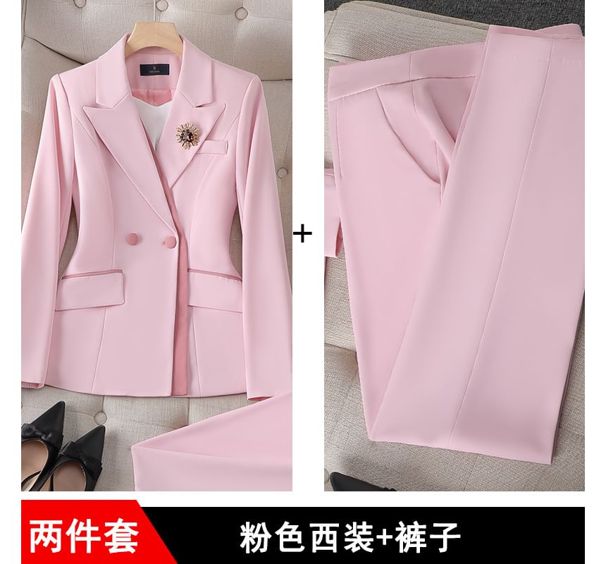 Peak Lapel Double-Breasted Blazer, High-Rise Pencil Skirt, and Slacks Set