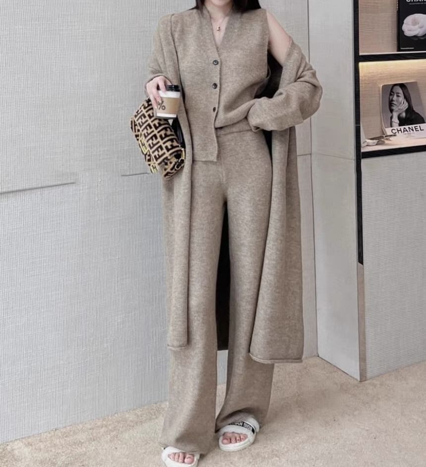Midi Open Front Cardigan Vest & Wide Leg Pants Set
