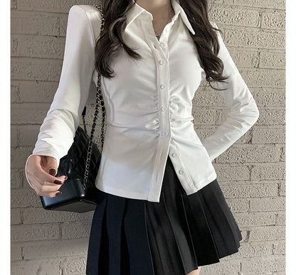 Tailored Slim-Fit Ruched Button Shirt with High-Rise Pleated Mini A-Line Skirt