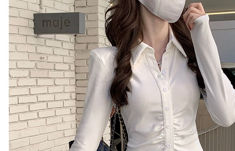 Tailored Slim-Fit Ruched Button Shirt with High-Rise Pleated Mini A-Line Skirt