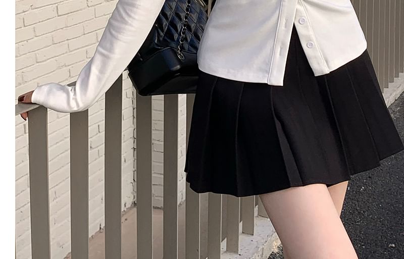 Tailored Slim-Fit Ruched Button Shirt with High-Rise Pleated Mini A-Line Skirt