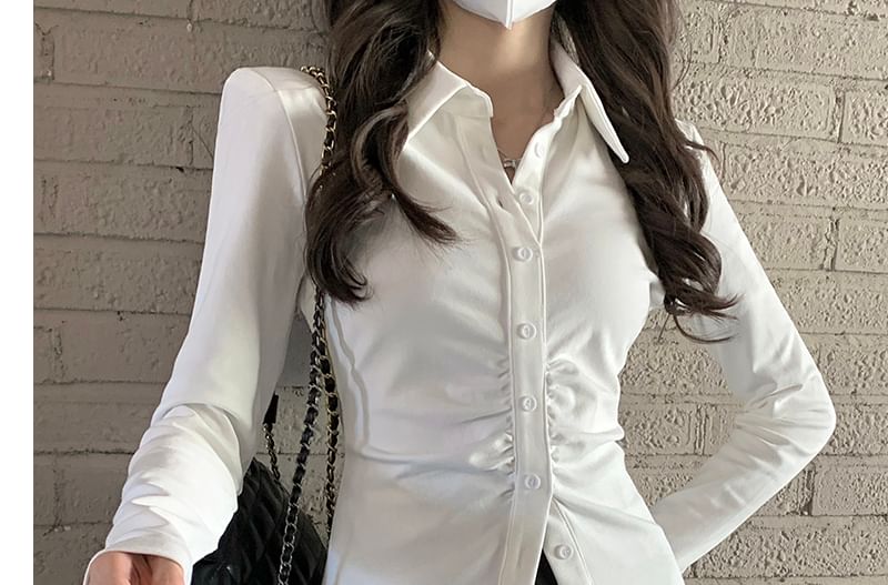 Tailored Slim-Fit Ruched Button Shirt with High-Rise Pleated Mini A-Line Skirt