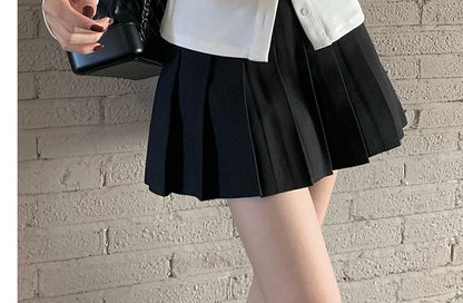 Tailored Slim-Fit Ruched Button Shirt with High-Rise Pleated Mini A-Line Skirt