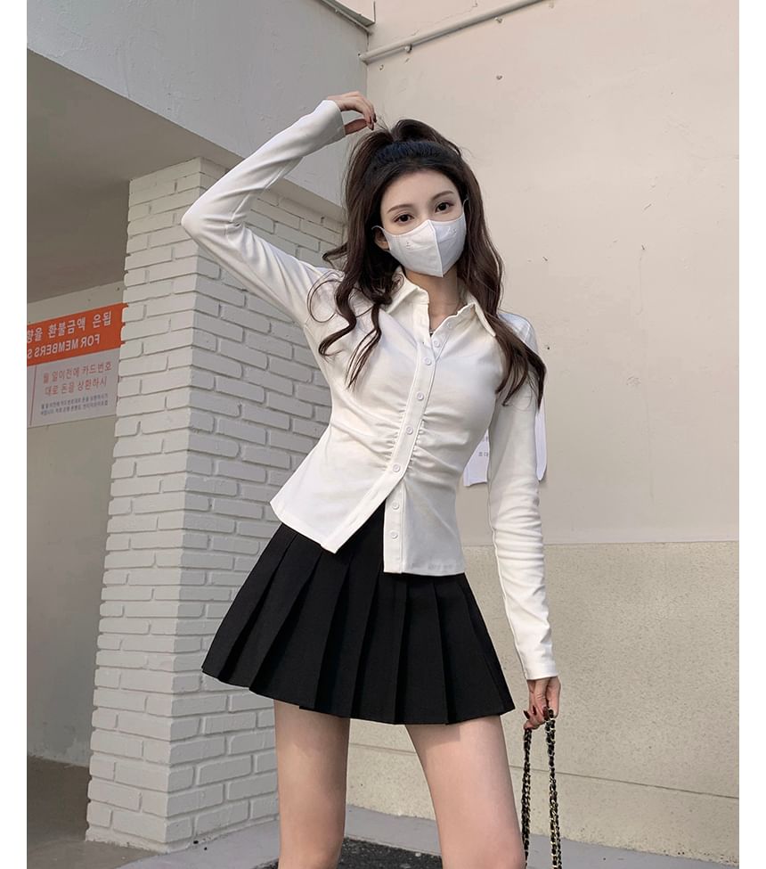 Tailored Slim-Fit Ruched Button Shirt with High-Rise Pleated Mini A-Line Skirt