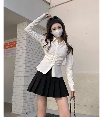 Tailored Slim-Fit Ruched Button Shirt with High-Rise Pleated Mini A-Line Skirt