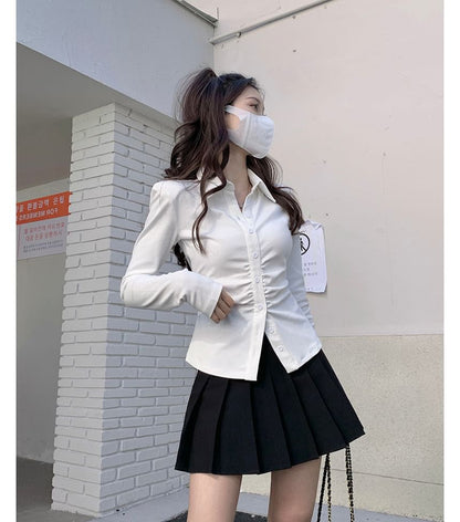 Tailored Slim-Fit Ruched Button Shirt with High-Rise Pleated Mini A-Line Skirt