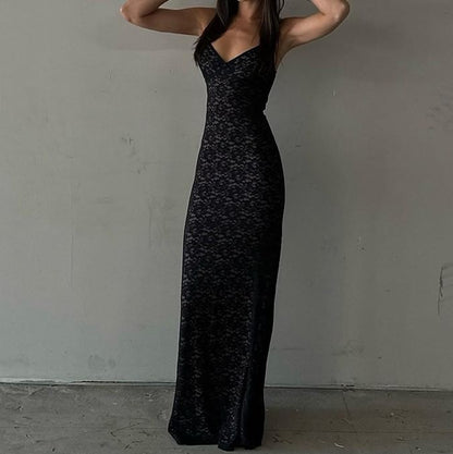 Thin Strap V-Neck Lace Maxi Sheath Dress