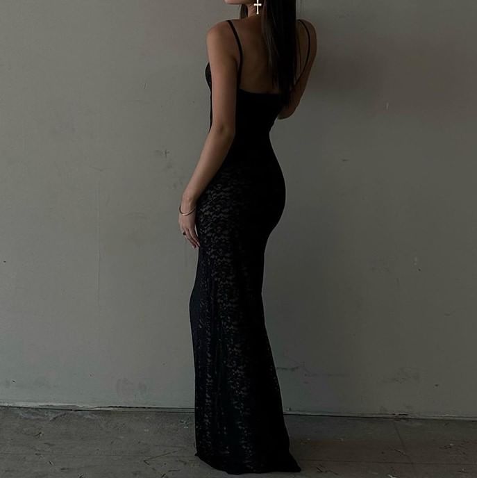Thin Strap V-Neck Lace Maxi Sheath Dress