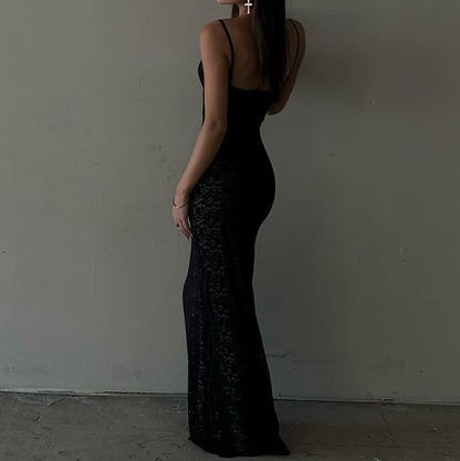 Thin Strap V-Neck Lace Maxi Sheath Dress