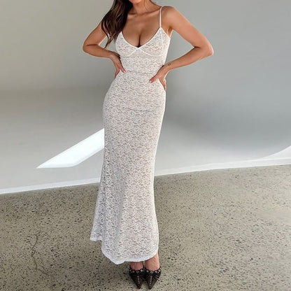 Thin Strap V-Neck Lace Maxi Sheath Dress