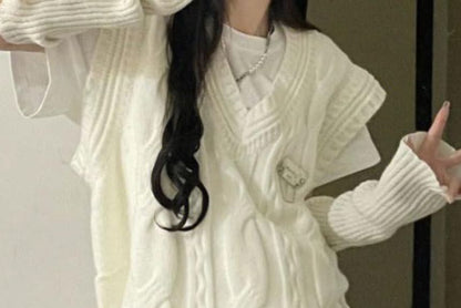 Chic V-Neck Sweater Vest, Crew Tee, and High-Waist Pleated Mini Skirt Set