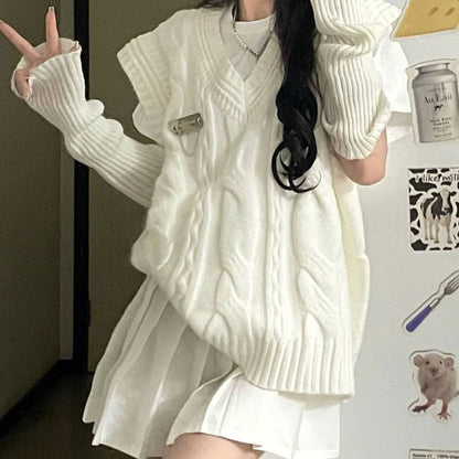 Chic V-Neck Sweater Vest, Crew Tee, and High-Waist Pleated Mini Skirt Set