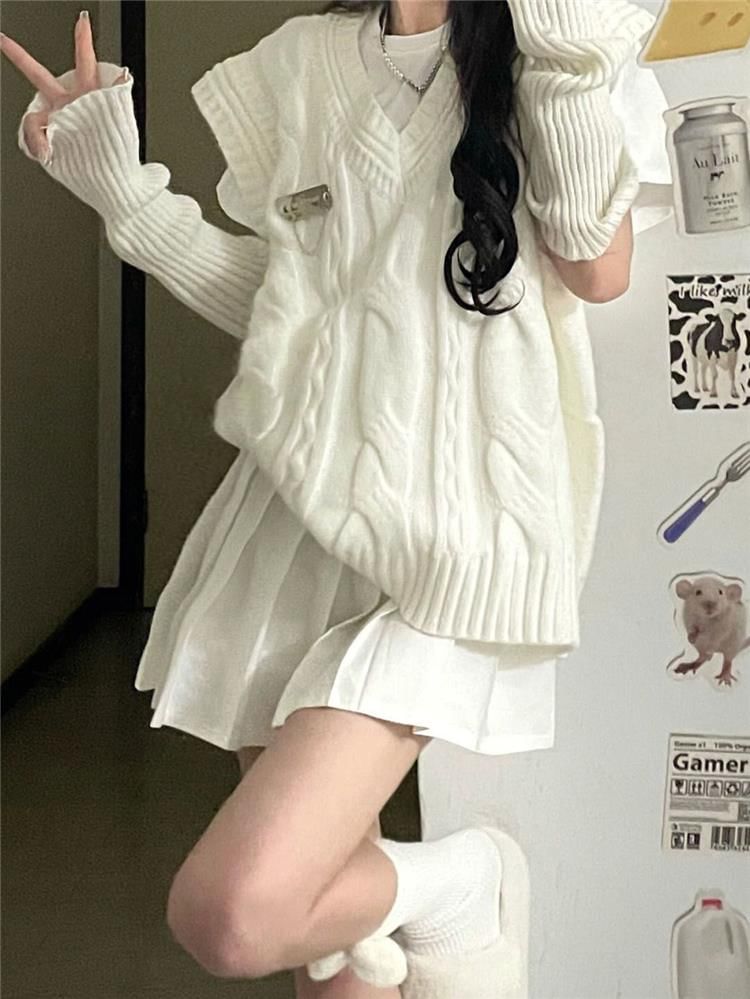 Chic V-Neck Sweater Vest, Crew Tee, and High-Waist Pleated Mini Skirt Set
