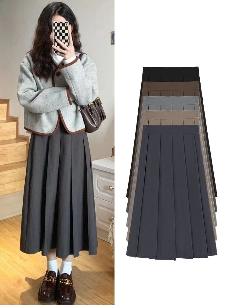 High-Rise Accordion Pleat Maxi A-Line Skirt in Solid Tone