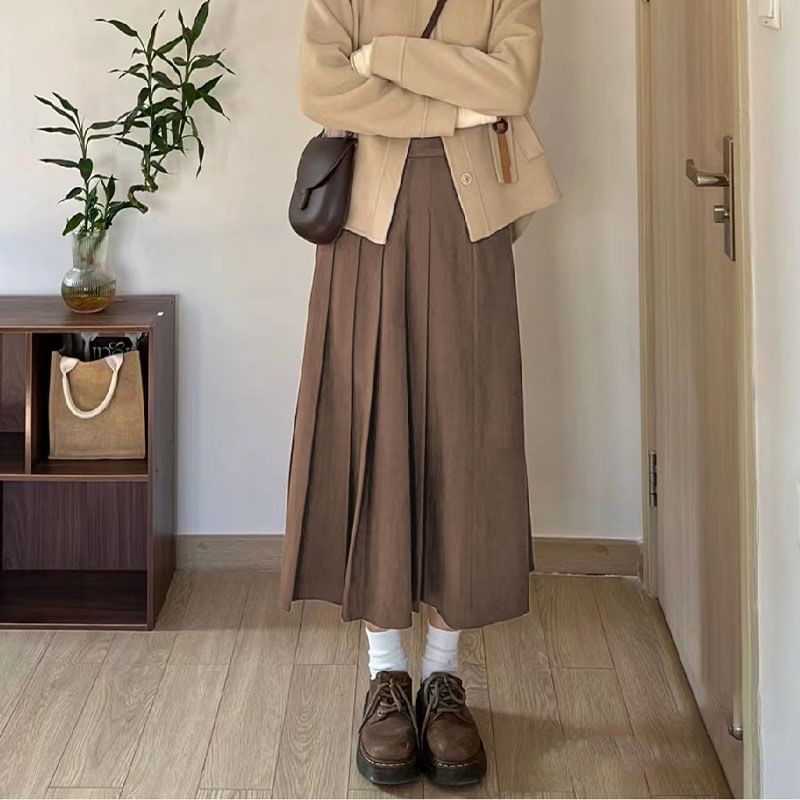 High-Rise Accordion Pleat Maxi A-Line Skirt in Solid Tone