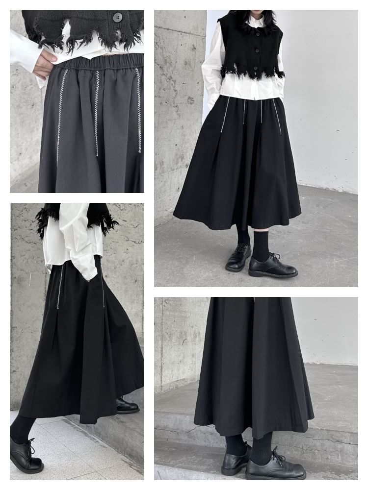 High-Waist Contrast Stitched Midi A-Line Skirt