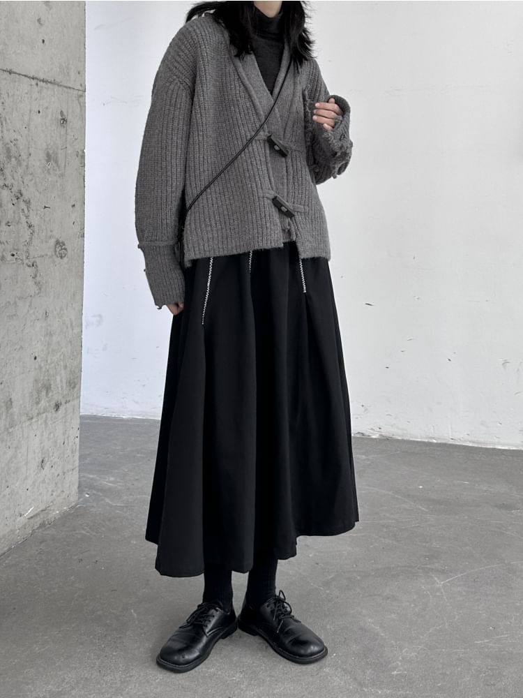 High-Waist Contrast Stitched Midi A-Line Skirt