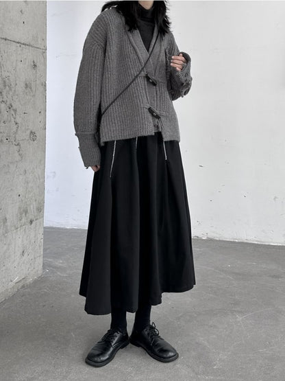 High-Waist Contrast Stitched Midi A-Line Skirt