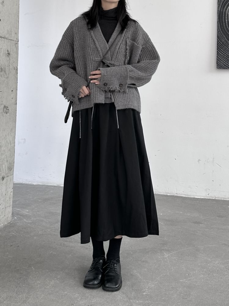 High-Waist Contrast Stitched Midi A-Line Skirt