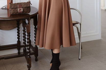 High-Waist Solid Midi A-Line Skirt with Clean Lines