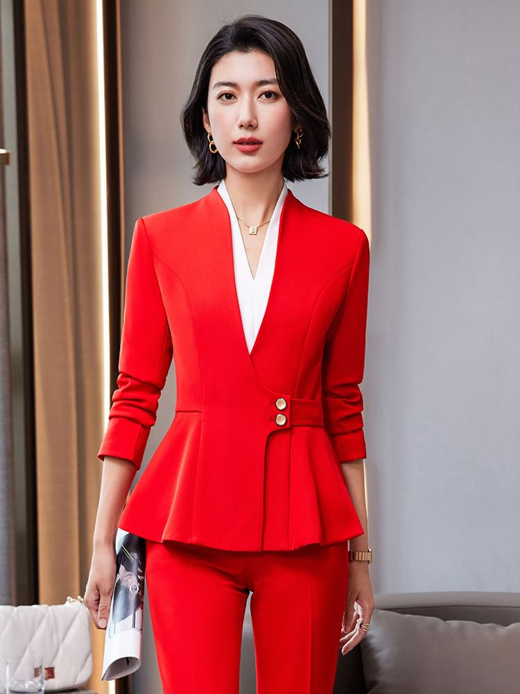 V-Neck Blouse, Peplum Blazer, High-Rise Pencil Skirt, and Straight-Leg Trousers Set