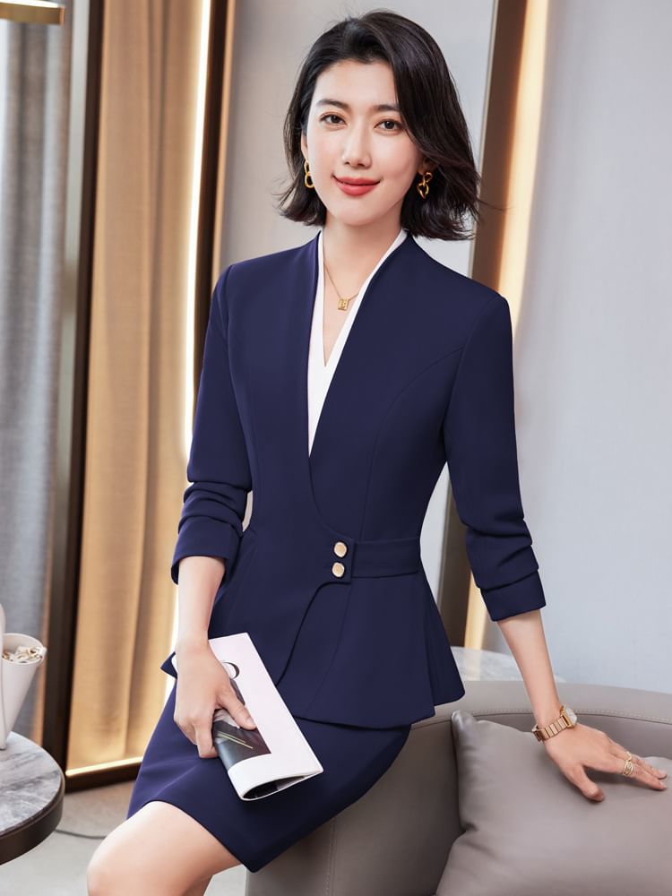 V-Neck Blouse, Peplum Blazer, High-Rise Pencil Skirt, and Straight-Leg Trousers Set