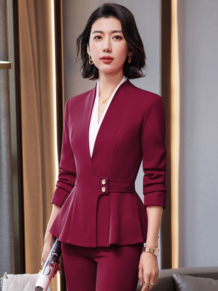 V-Neck Blouse, Peplum Blazer, High-Rise Pencil Skirt, and Straight-Leg Trousers Set