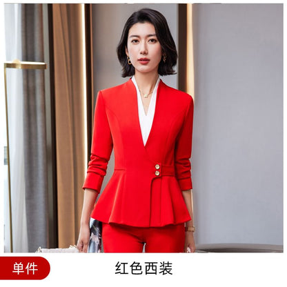 V-Neck Blouse, Peplum Blazer, High-Rise Pencil Skirt, and Straight-Leg Trousers Set