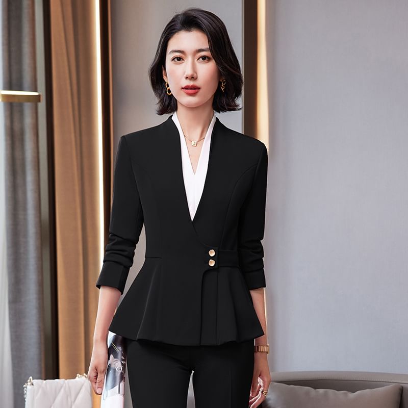 V-Neck Blouse, Peplum Blazer, High-Rise Pencil Skirt, and Straight-Leg Trousers Set
