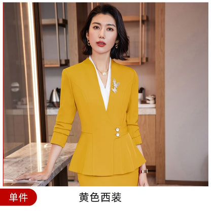 V-Neck Blouse, Peplum Blazer, High-Rise Pencil Skirt, and Straight-Leg Trousers Set