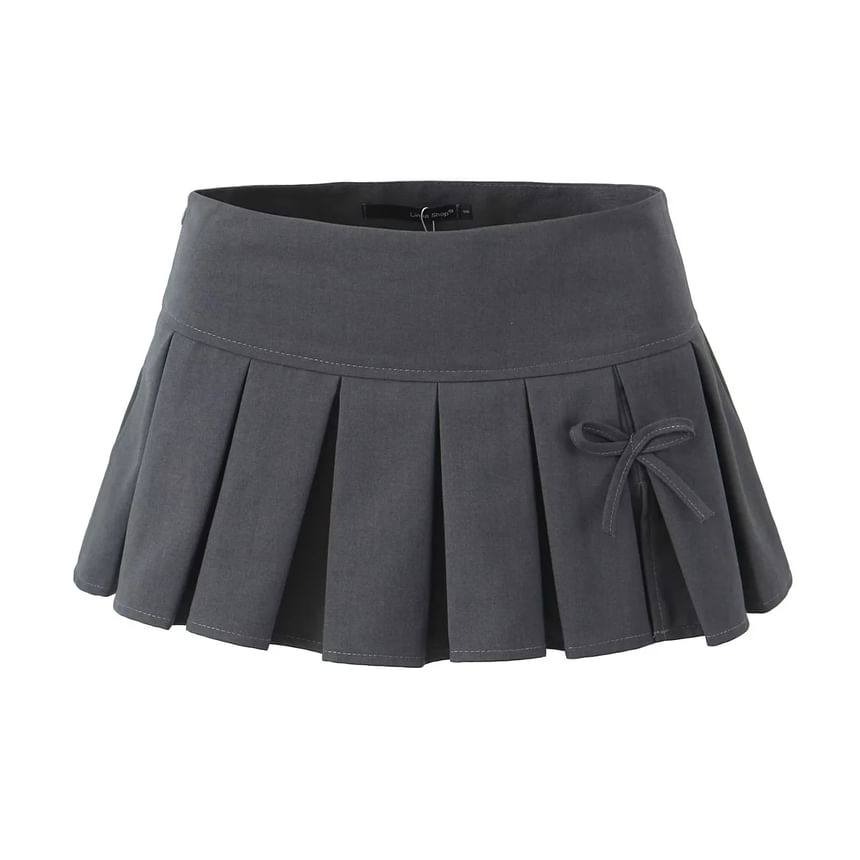 Low-Rise Bow Accent Pleated Slit Mini A-Line Skirt