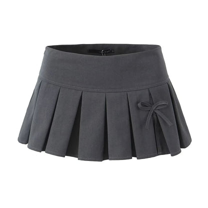 Low-Rise Bow Accent Pleated Slit Mini A-Line Skirt