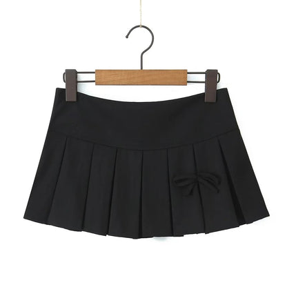 Low-Rise Bow Accent Pleated Slit Mini A-Line Skirt