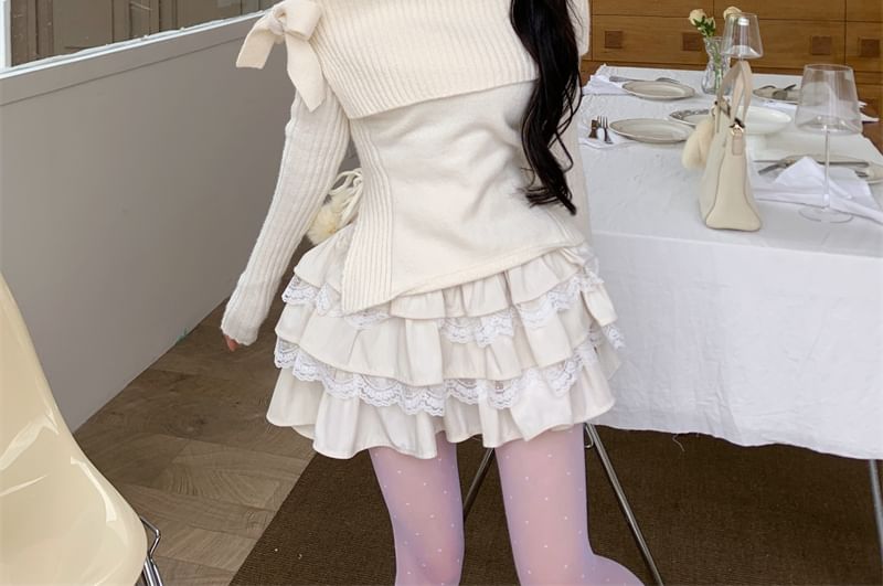 Cold Shoulder Knit Sweater with Mid-Rise Mini Tiered Skirt