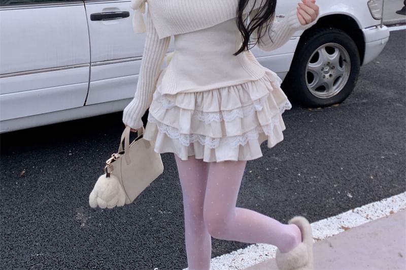 Cold Shoulder Knit Sweater with Mid-Rise Mini Tiered Skirt