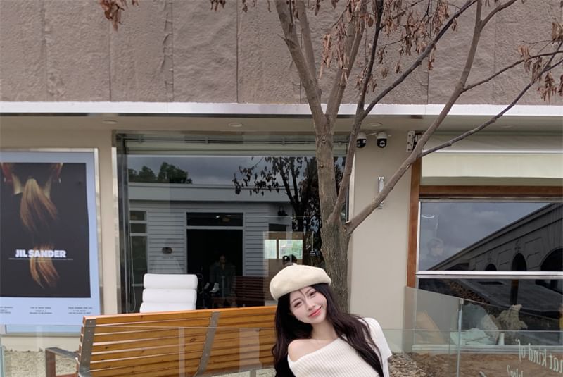 Cold Shoulder Knit Sweater with Mid-Rise Mini Tiered Skirt