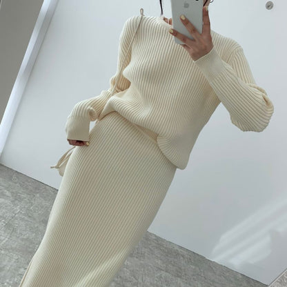 Crewneck Sweater and High-Waist Midi Skirt Matching Set