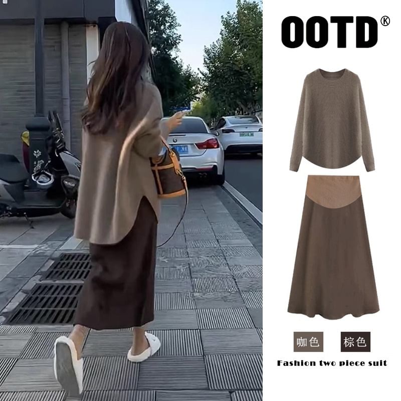 Maternity Long-Sleeve Crew Sweater, High-Rise Midi Skirt, and Strap Dress Set